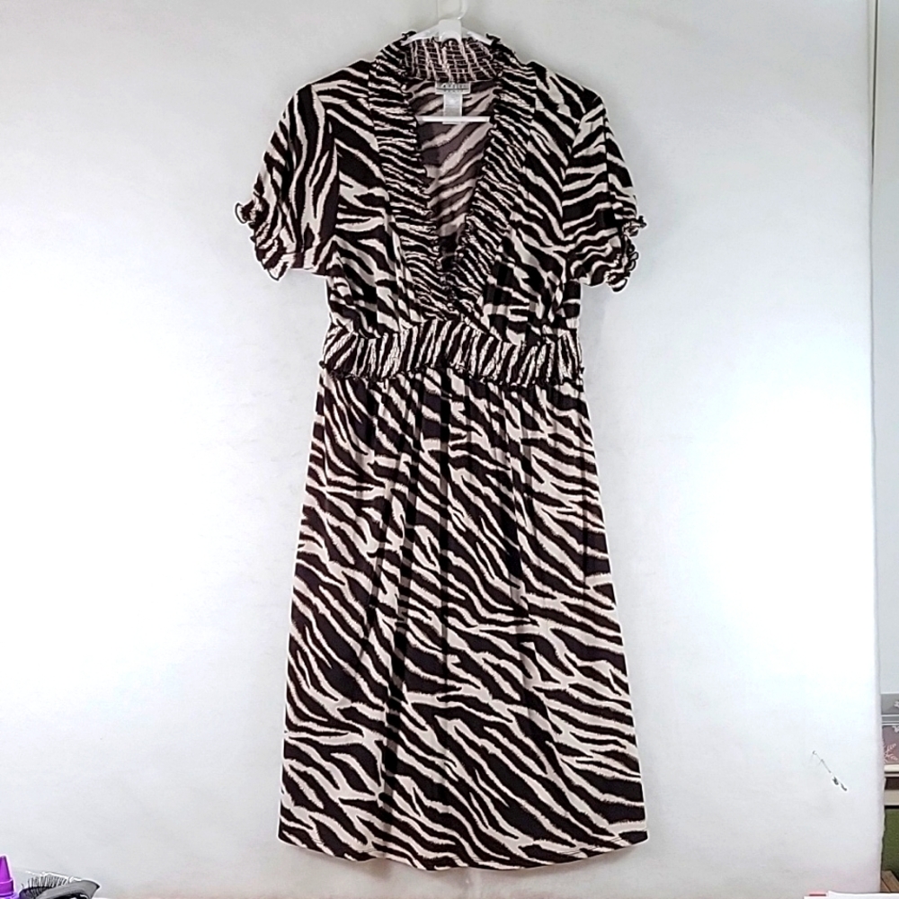 ENFOCUS V-Neck Brown & Cream Tiger Print Stretch Pullover Dress Size 14W